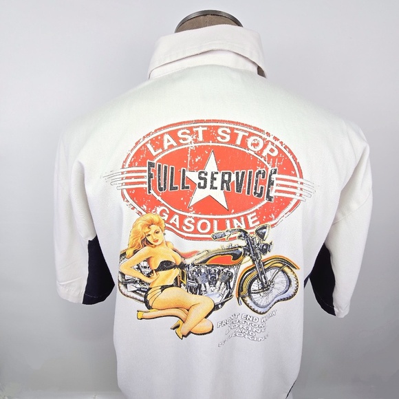 Bikerwear- Mens 2XL Casual Button Shirt Back Graphic Lady And Motorcycle- Gray - Picture 1 of 9